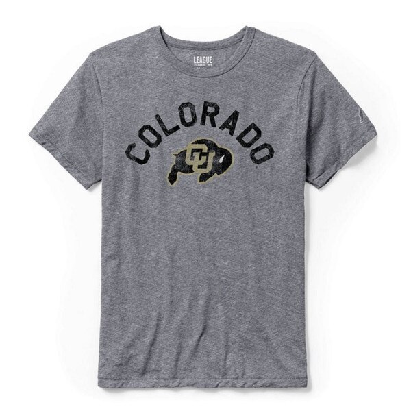 A light gray League victory falls short sleeve t-shirt with CU Buffalo logo and "COLORADO" arched above logo.